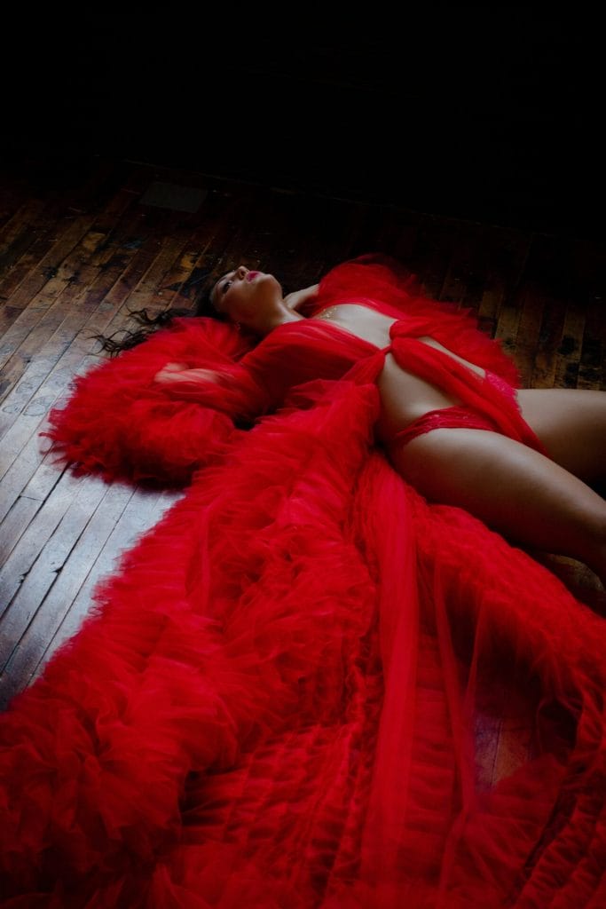 red frilled boudoir robe